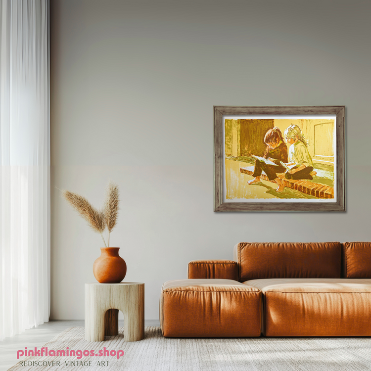 Two Girls Reading a Book by Frank Palmieri, vintage signed and serial numbered stone lithograph circa 1970