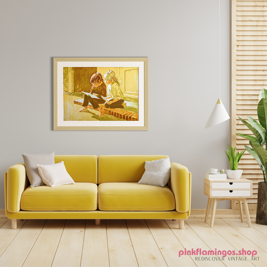 Two Girls Reading a Book by Frank Palmieri, vintage signed and serial numbered stone lithograph circa 1970