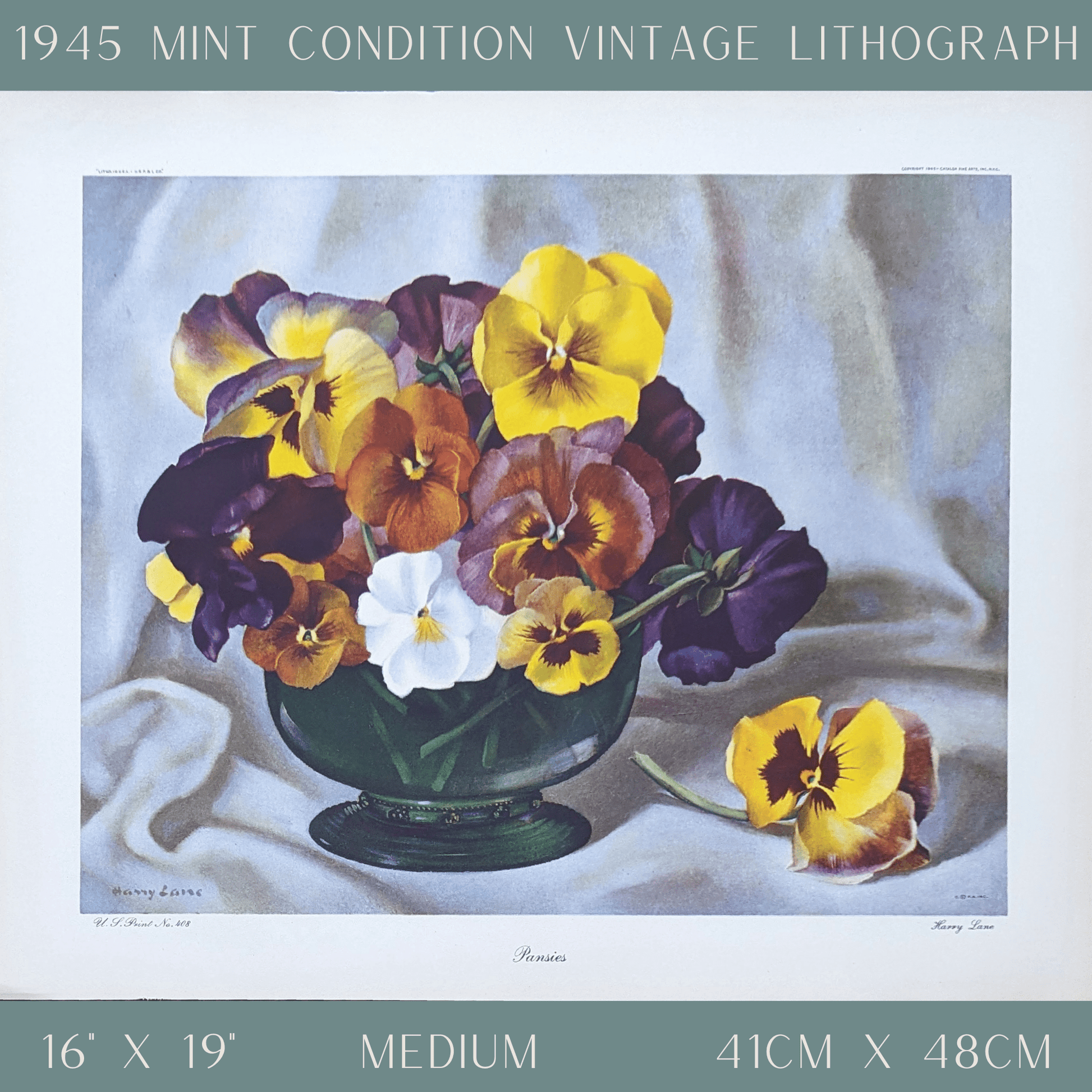Pansies by Harry Lane | 1945 Vintage Lithograph | Still Life Floral Wall Art - Offset Lithograph - Pink Flamingos