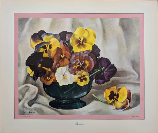Pansies by Harry Lane | 1945 Vintage Lithograph | Still Life Floral Wall Art - Offset Lithograph - Pink Flamingos