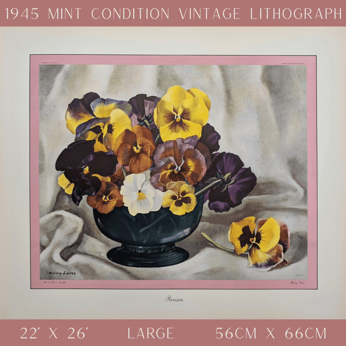 Pansies by Harry Lane | 1945 Vintage Lithograph | Still Life Floral Wall Art - Offset Lithograph - Pink Flamingos