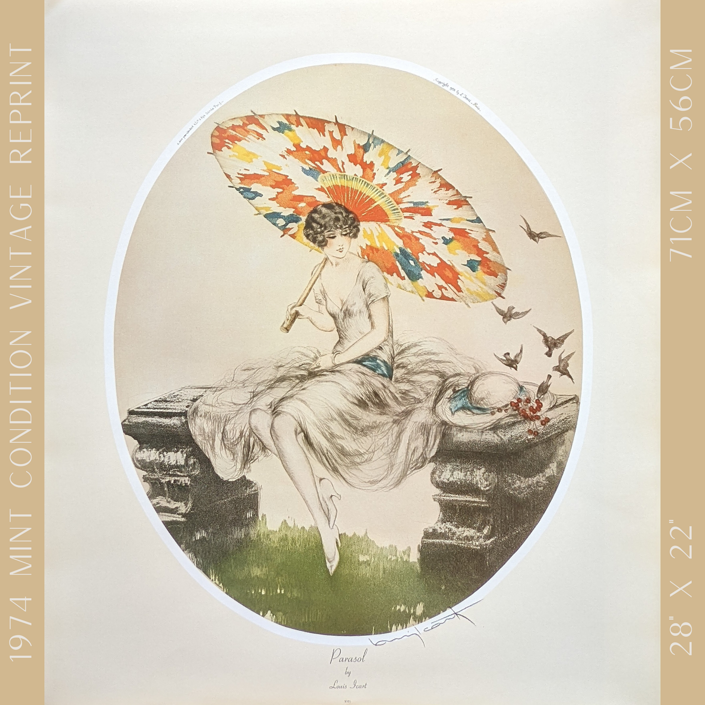 Parasol by Louis Icart | 1920s Art Deco Print | Offset Lithograph | Romantic French Interior Style - Offset Lithograph - Pink Flamingos