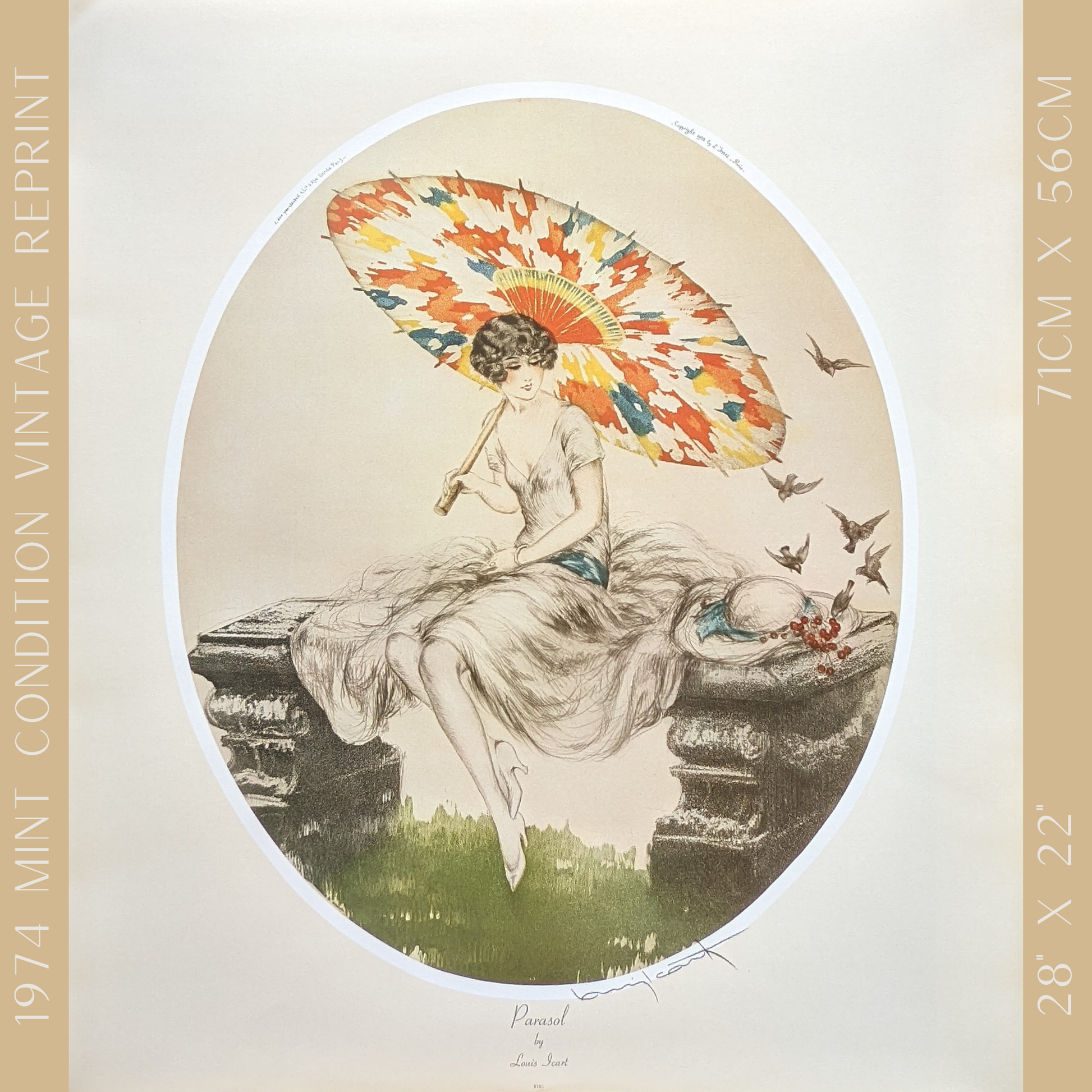 Parasol by Louis Icart | 1920s Art Deco Print | Offset Lithograph | Romantic French Interior Style - Offset Lithograph - Pink Flamingos