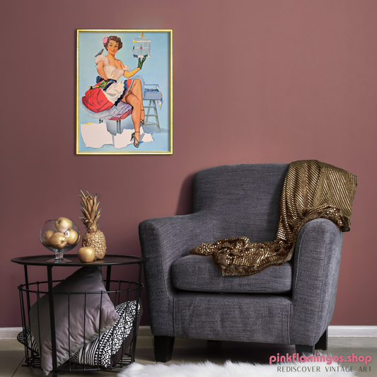 Painting the Birdcage by Peter Darro | 1940s-50s Style Pinup | 1980s Glossy Lithograph