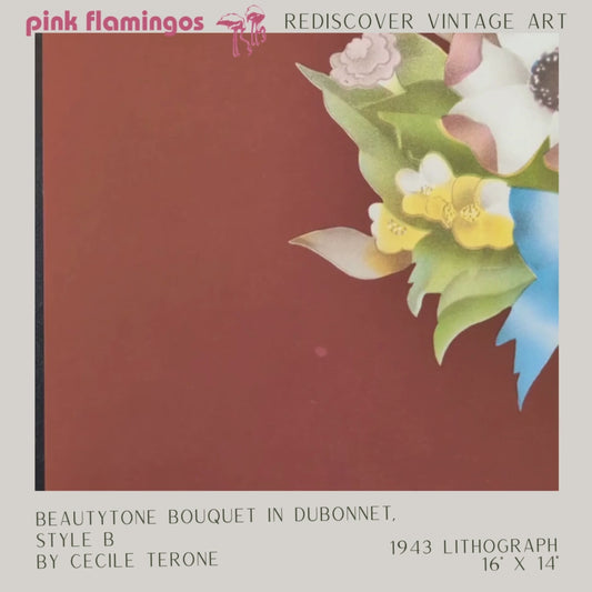 Beautytone Bouquet in Dubonnet by Cecilia Terone | 1943 Vintage Lithograph | Romantic Cottagecore Wall Art