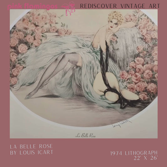 La Belle Rose by Louis Icart | 1974 Art Deco Reproduction | Offset Lithograph | Romantic French Art Deco Style