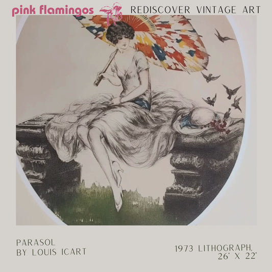 Parasol by Louis Icart | 1920s Art Deco Print | Offset Lithograph | Romantic French Interior Style