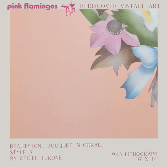 Beautytone Bouquet in Coral by Cecilia Terone | 1943 Vintage Lithograph | Romantic Cottagecore Art