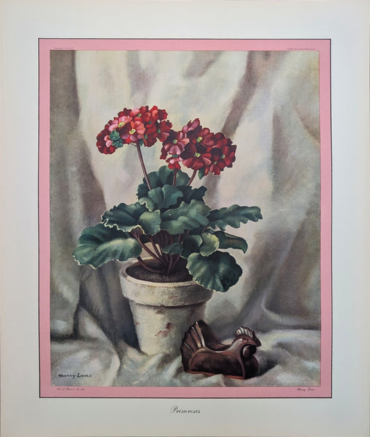 Primroses by Harry Lane | 1945 Vintage Lithograph | Still Life Floral Wall Art - Offset Lithograph - Pink Flamingos