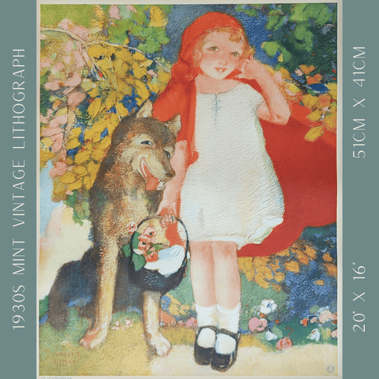 Red Riding Hood by Albert Hencke | 1930s Vintage Lithograph | Classic Nursery Fairytale Print - Offset Lithograph - Pink Flamingos