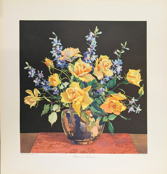 Roses and Larkspur by Mary and Nelson Grofe, mint condition vintage still life lithograph printed in the 1940s - Offset Lithograph - Pink Flamingos