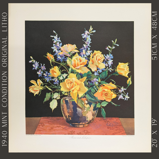 Roses and Larkspur by Mary and Nelson Grofe, mint condition vintage still life lithograph printed in the 1940s - Offset Lithograph - Pink Flamingos
