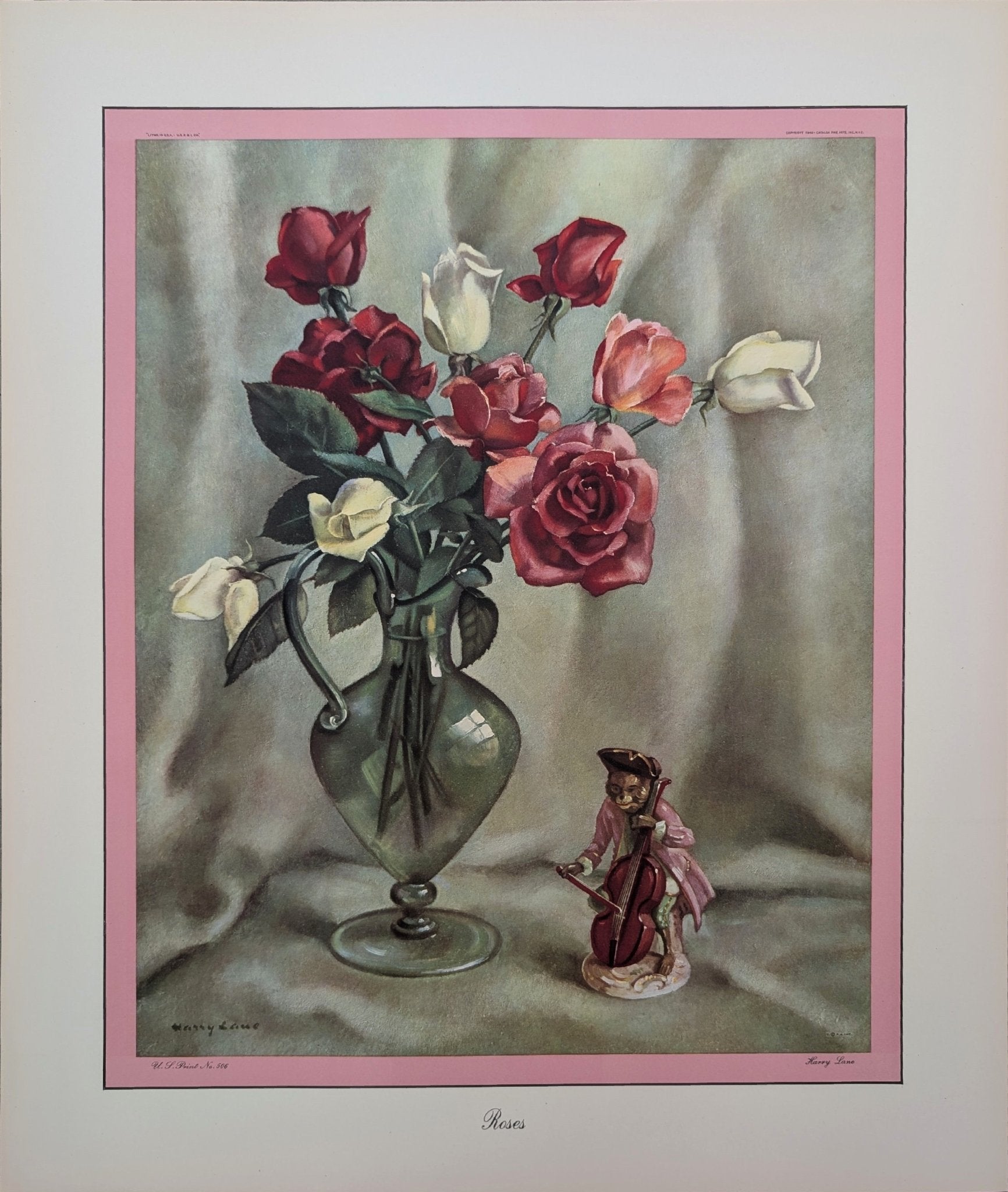 Roses by Harry Lane | 1945 Vintage Lithograph | Still Life Floral Wall Art - Offset Lithograph - Pink Flamingos
