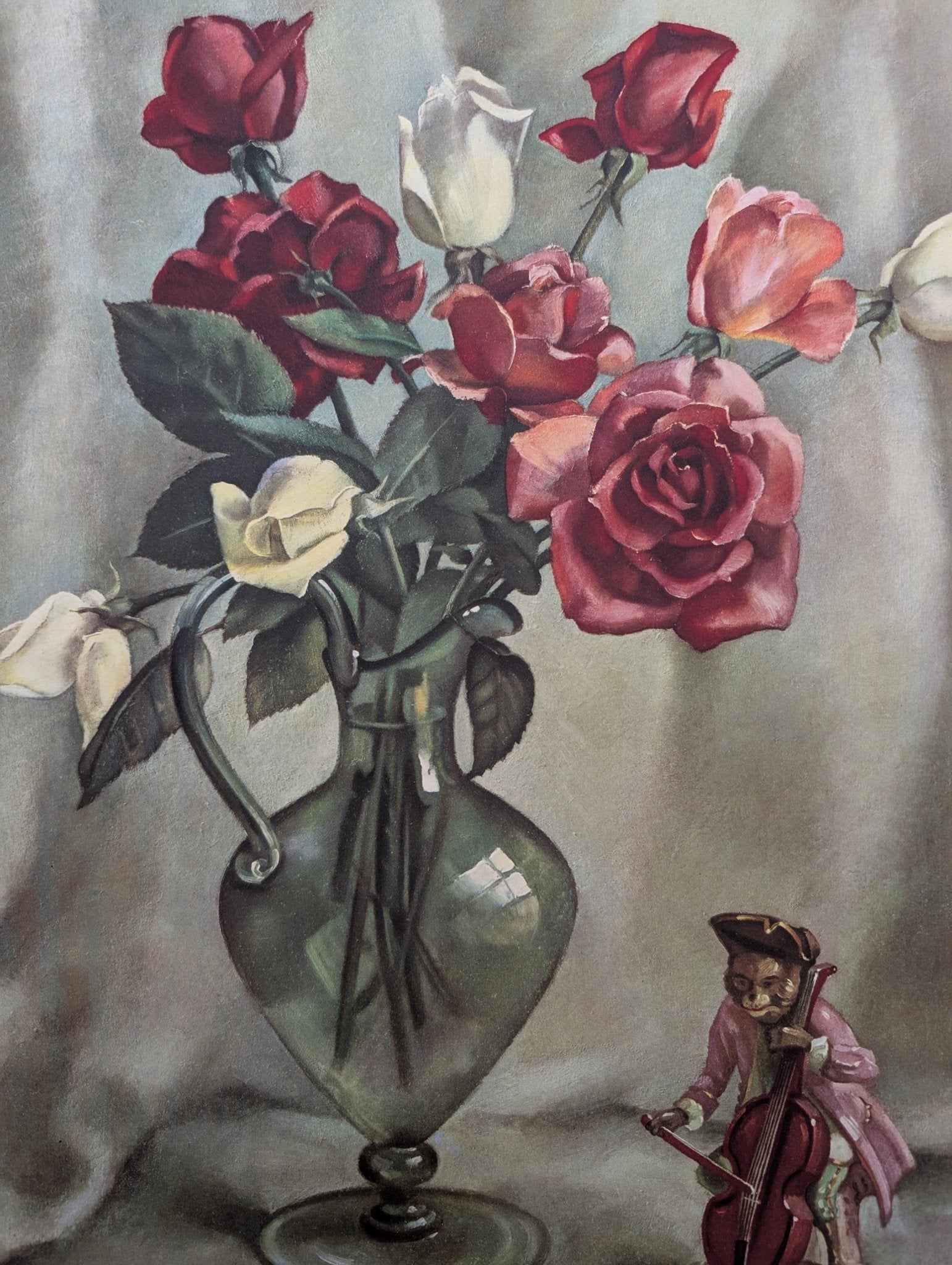 Roses by Harry Lane | 1945 Vintage Lithograph | Still Life Floral Wall Art - Offset Lithograph - Pink Flamingos