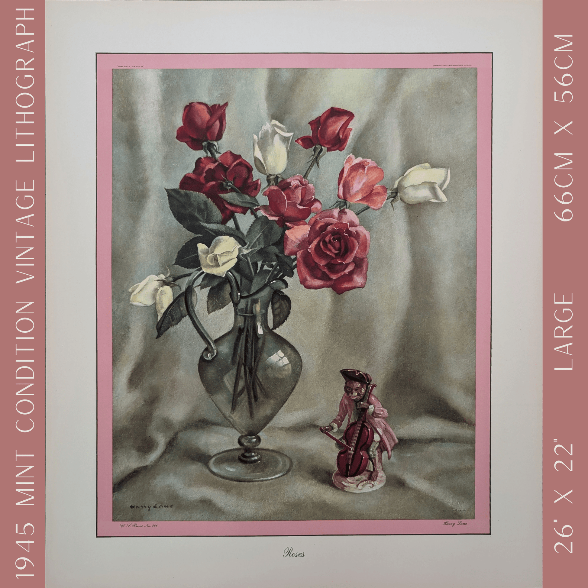 Roses by Harry Lane | 1945 Vintage Lithograph | Still Life Floral Wall Art - Offset Lithograph - Pink Flamingos