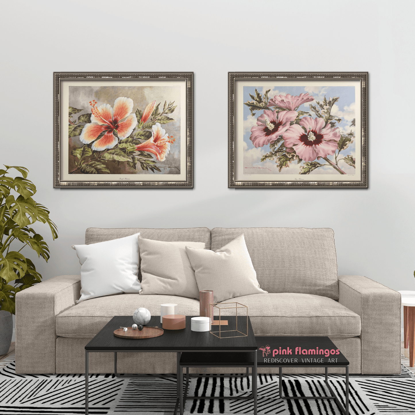 Sky Hibiscus by Erich F.T. Schenk | 1940s Vintage Floral Lithograph | Tropical Wall Art - Offset Lithograph - Pink Flamingos
