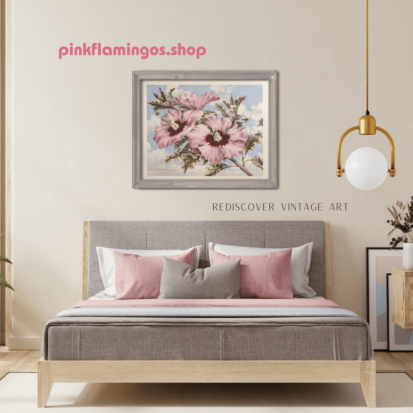 Sky Hibiscus by Erich F.T. Schenk | 1940s Vintage Floral Lithograph | Tropical Wall Art - Offset Lithograph - Pink Flamingos