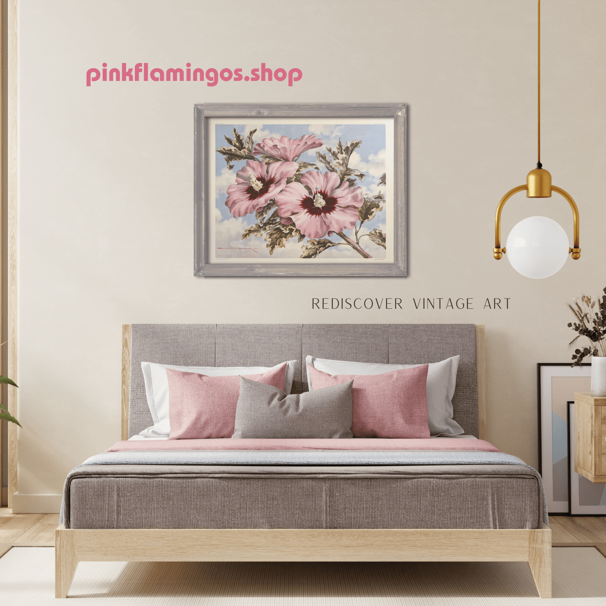 Sky Hibiscus by Erich F.T. Schenk | 1940s Vintage Floral Lithograph | Tropical Wall Art - Offset Lithograph - Pink Flamingos
