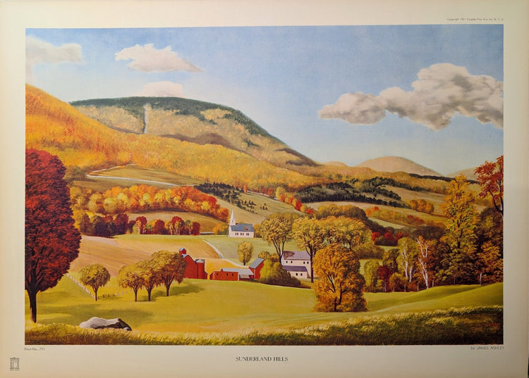 Sunderland Hills by James Ashley | 1950s Americana Landscape | Vintage Offset Lithograph - Offset Lithograph - Pink Flamingos