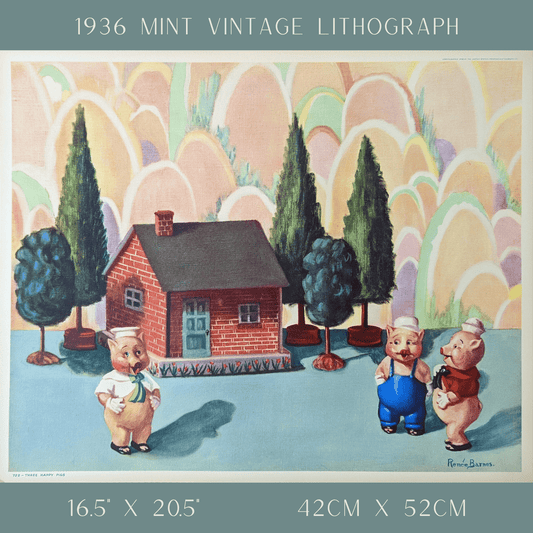 Three Happy Pigs by Renée Barnes | 1930s Vintage Lithograph | Fairytale Nursery Wall Art - Offset Lithograph - Pink Flamingos