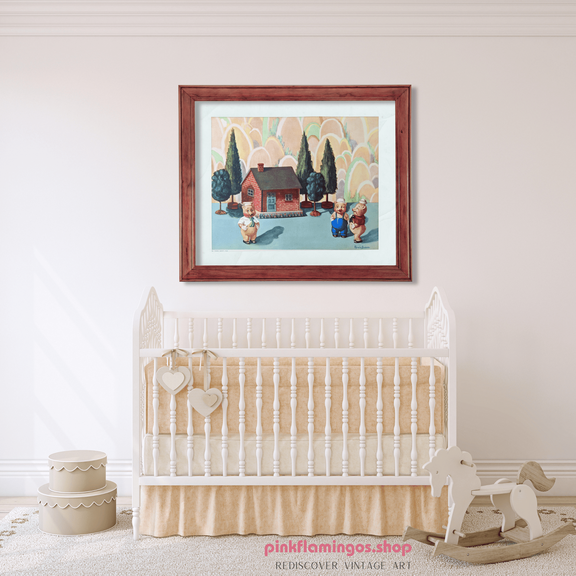 Three Happy Pigs by Renée Barnes | 1930s Vintage Lithograph | Fairytale Nursery Wall Art - Offset Lithograph - Pink Flamingos