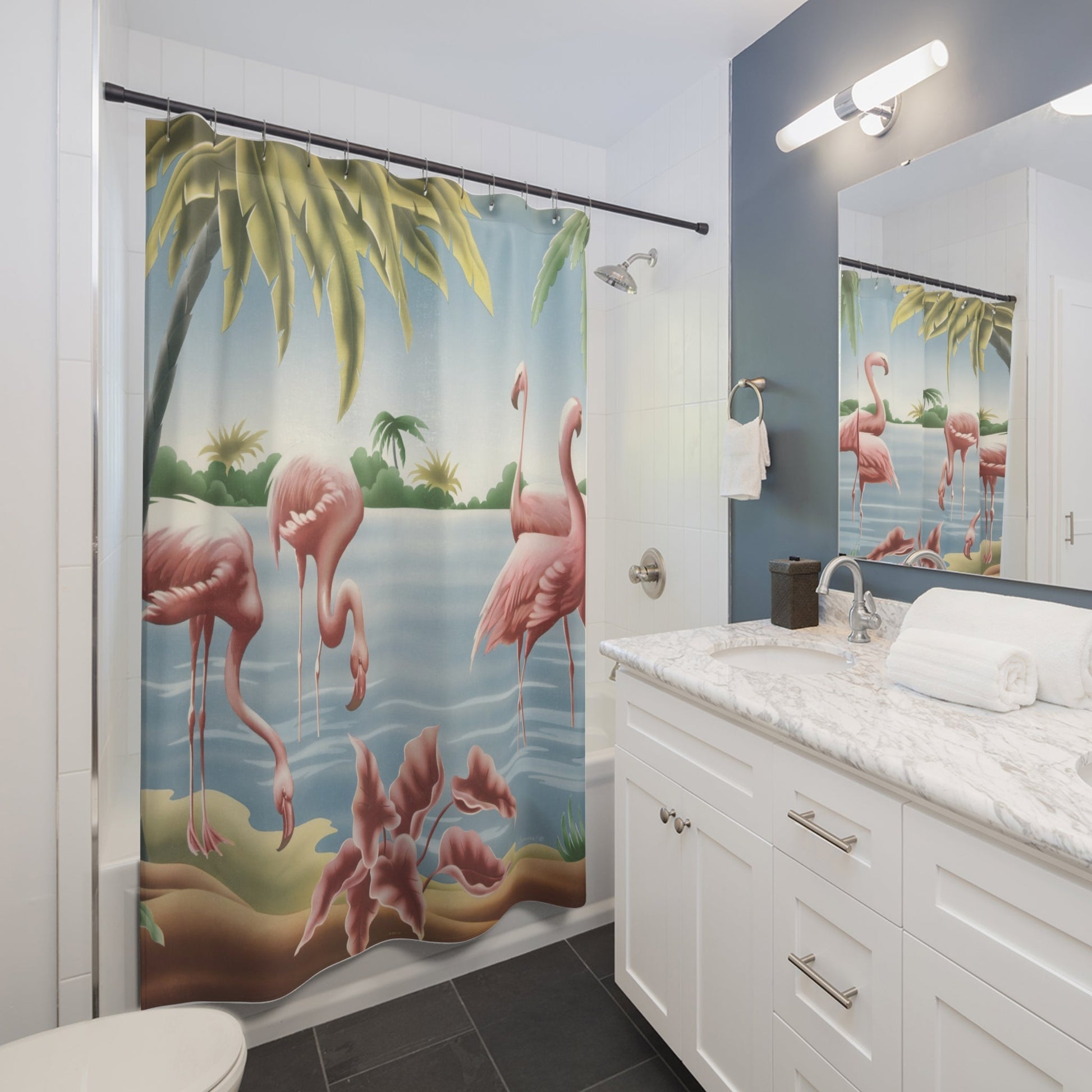 Turner Flamingo Shower Curtain — Vintage Tropical Bird Lithograph Bathroom Decor - Home Decor - Pink Flamingos