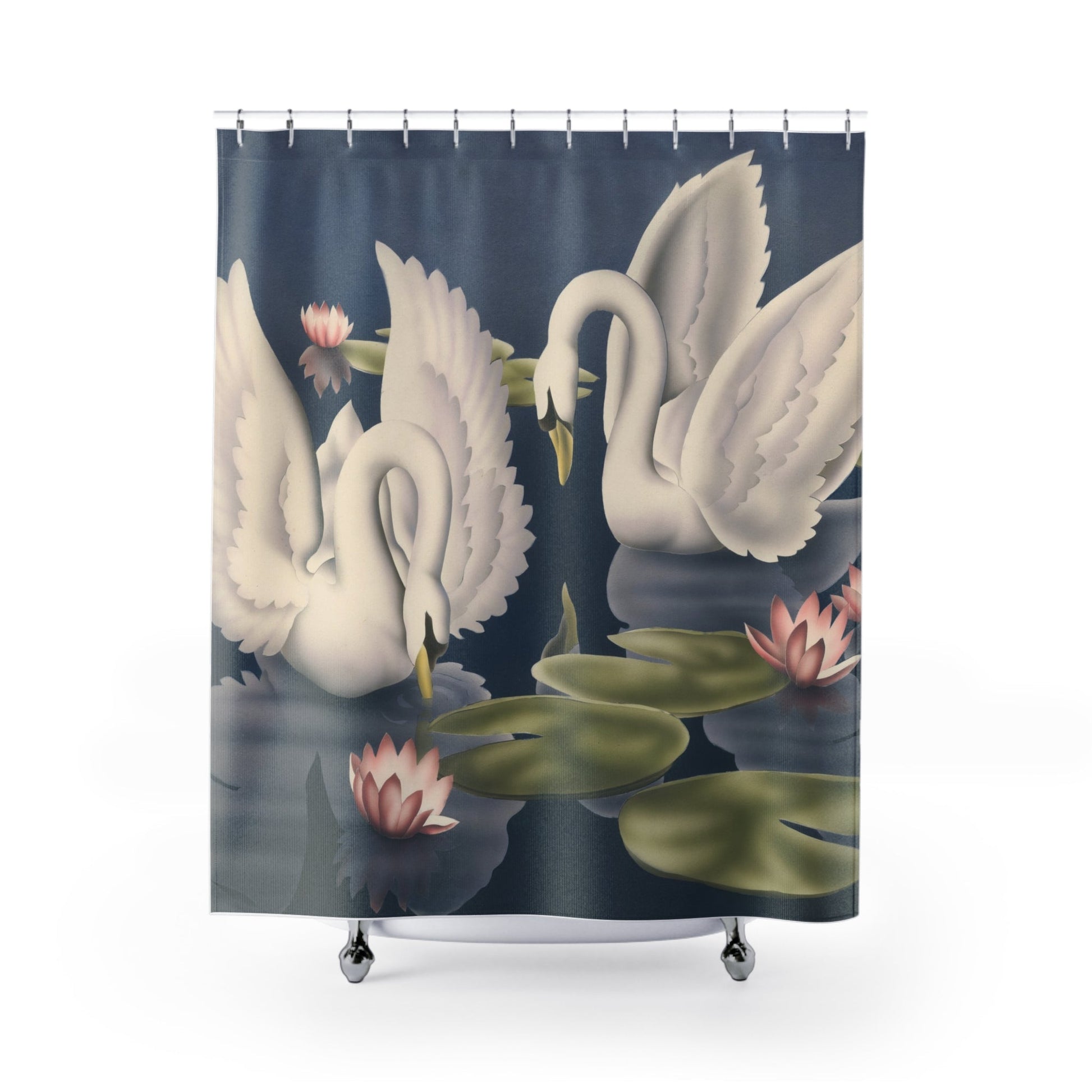 Turner Swan Shower Curtain — Vintage Bird Lithograph with Water Lilies Bathroom Decor - Home Decor - Pink Flamingos