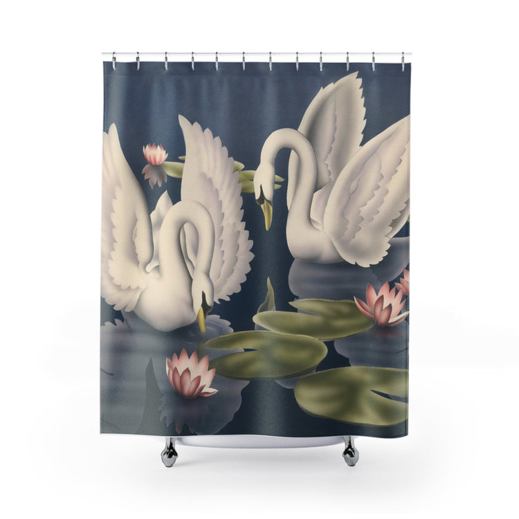 Turner Swan Shower Curtain — Vintage Bird Lithograph with Water Lilies Bathroom Decor - Home Decor - Pink Flamingos