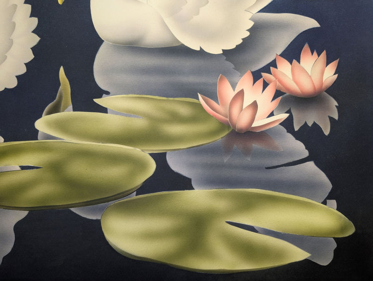 Turner Swans lithograph detail - white swans among water lillies