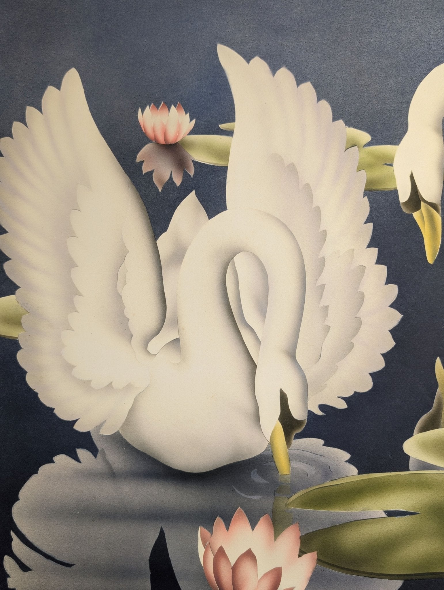 Turner Swans lithograph detail - white swans among water lillies