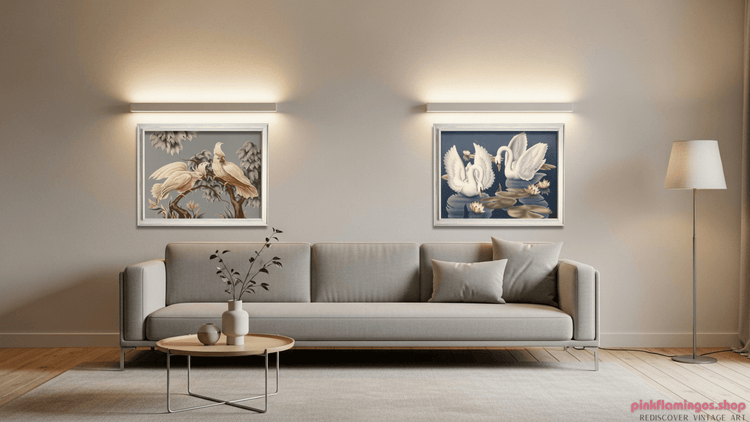 Turner Cockatoos and Swans pairing mockup - gallery wall display