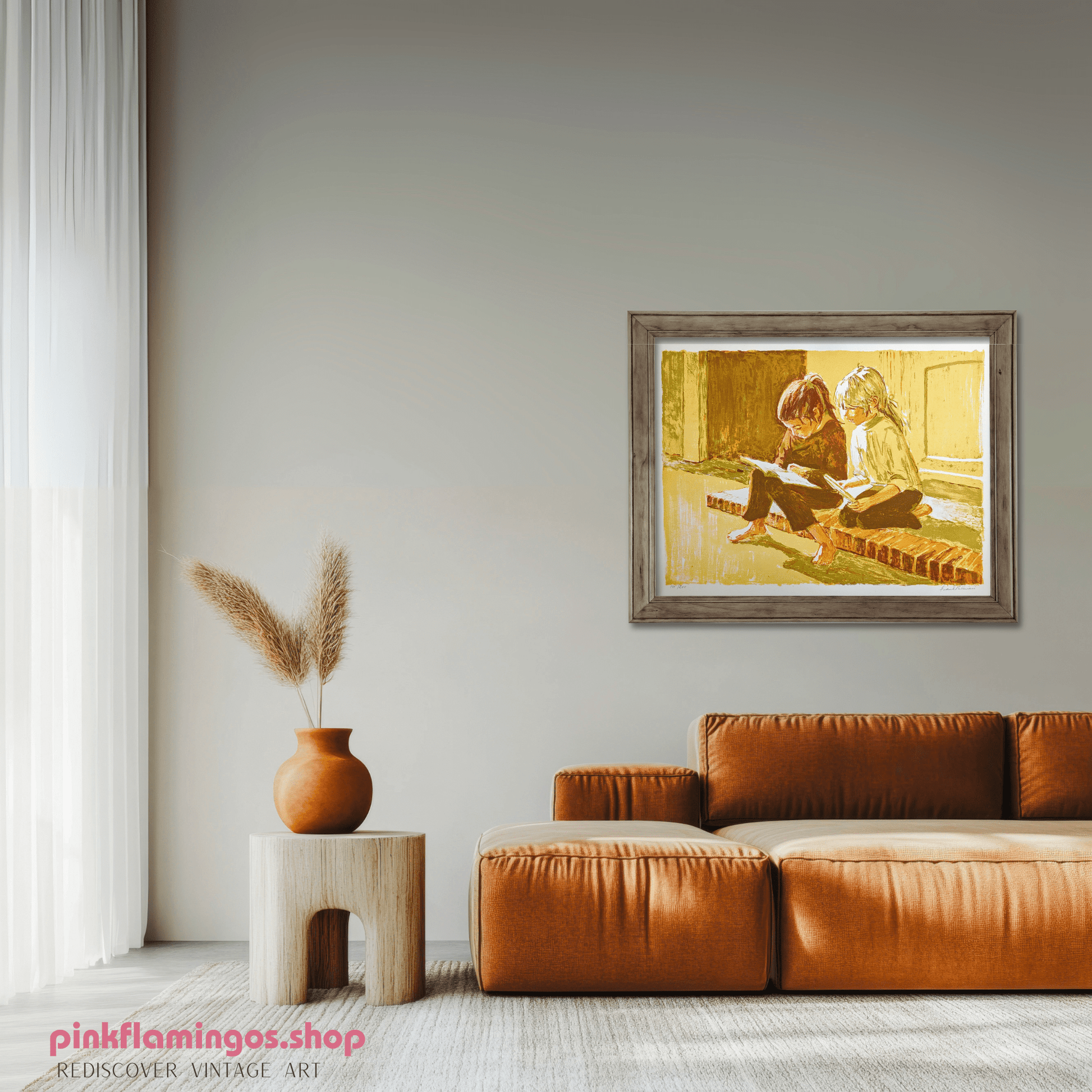 Two Girls Reading a Book by Frank Palmieri, vintage signed and serial numbered stone lithograph circa 1970 - Stone Lithograph - Pink Flamingos