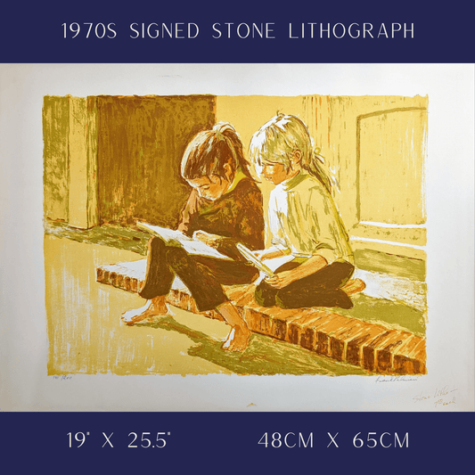 Two Girls Reading a Book by Frank Palmieri, vintage signed and serial numbered stone lithograph circa 1970 - Stone Lithograph - Pink Flamingos