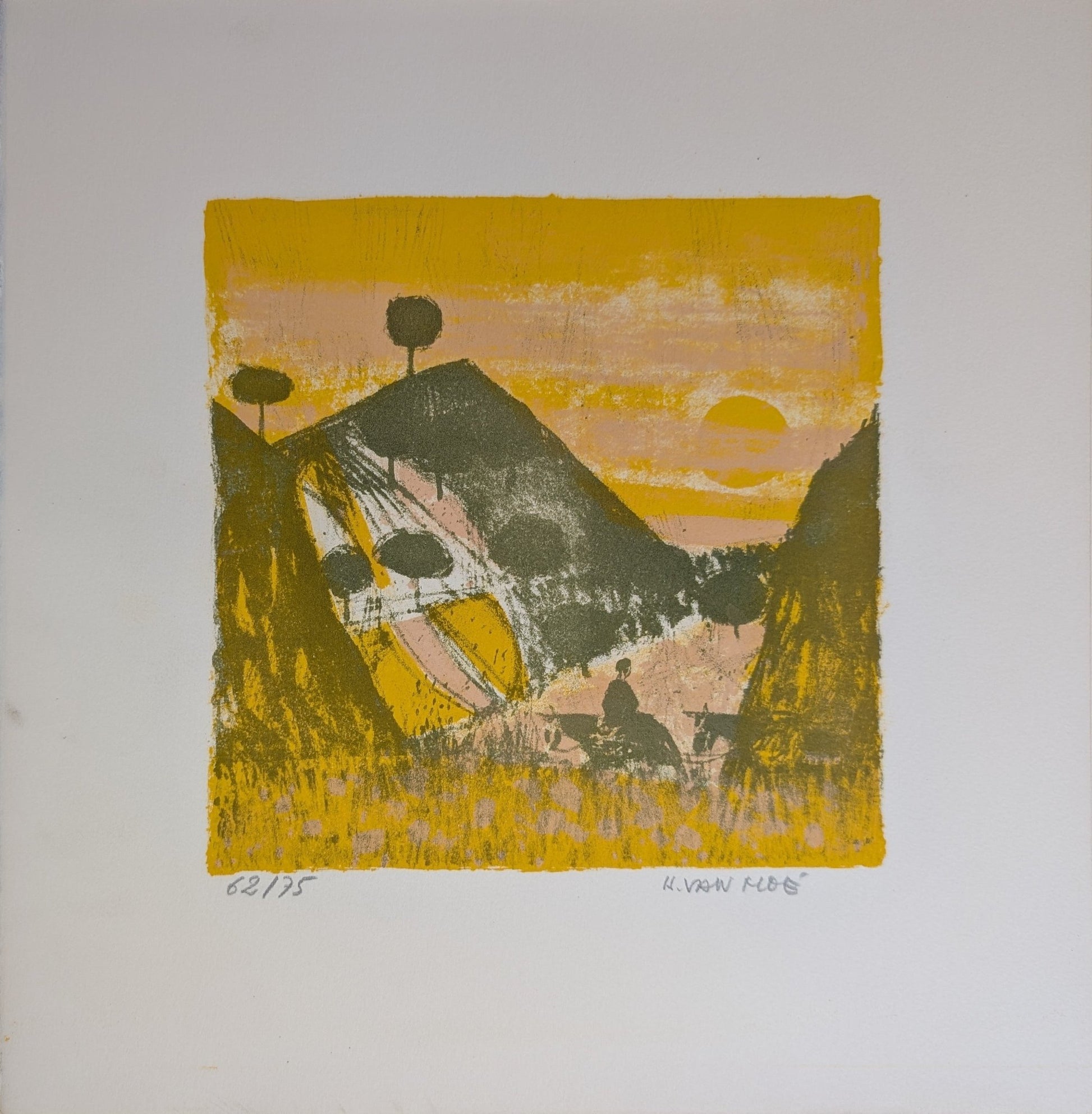 Untitled Landscape by Henri Van Moe | 1960s Signed Limited Edition | Sunset Mountain Scene - Lithograph - Pink Flamingos