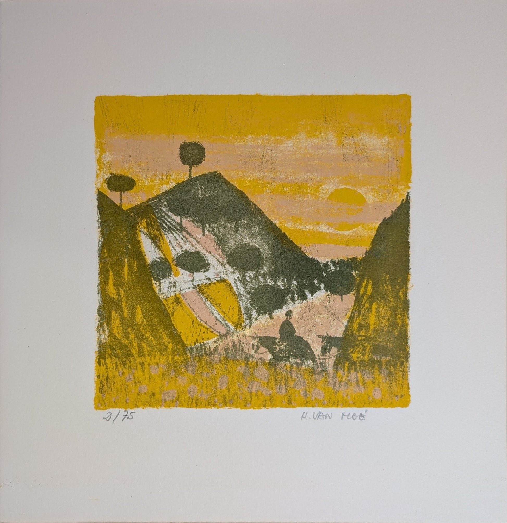 Untitled Landscape by Henri Van Moe | 1960s Signed Limited Edition | Sunset Mountain Scene - Lithograph - Pink Flamingos