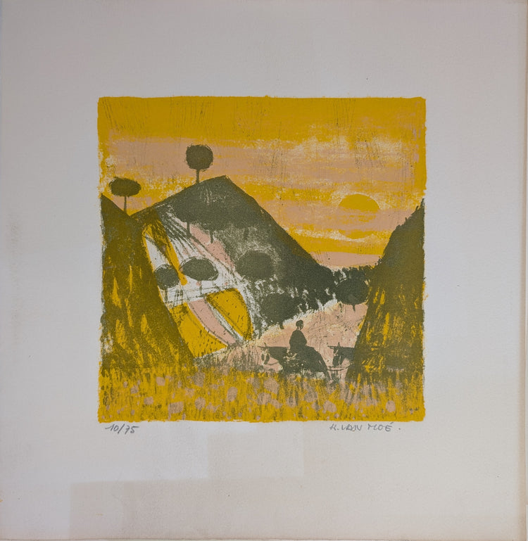 Untitled Landscape by Henri Van Moe | 1960s Signed Limited Edition | Sunset Mountain Scene