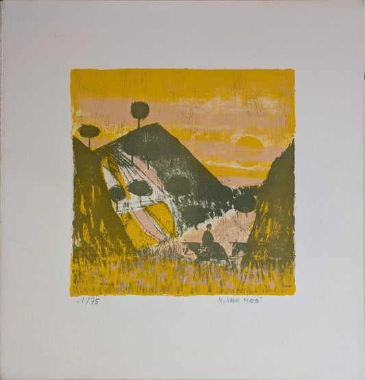 Untitled Landscape by Henri Van Moe | 1960s Signed Limited Edition | Sunset Mountain Scene - Lithograph - Pink Flamingos