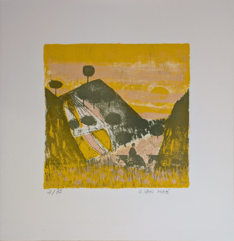Untitled Landscape by Henri Van Moe | 1960s Signed Limited Edition | Sunset Mountain Scene