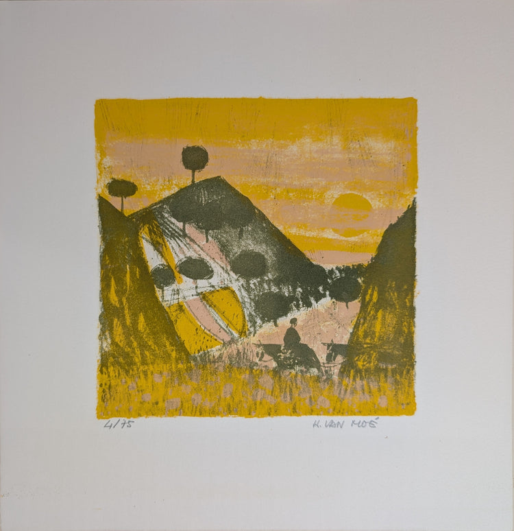 Untitled Landscape by Henri Van Moe | 1960s Signed Limited Edition | Sunset Mountain Scene