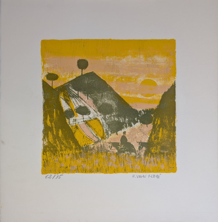 Untitled Landscape by Henri Van Moe | 1960s Signed Limited Edition | Sunset Mountain Scene