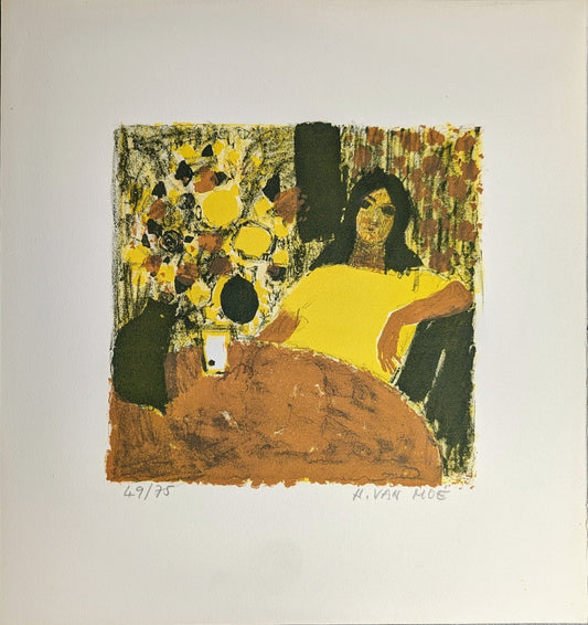 Untitled Woman with Cat by Henri Van Moe | 1960s Signed Lithograph | Mid - Century Modern Wall Art - Lithograph - Pink Flamingos