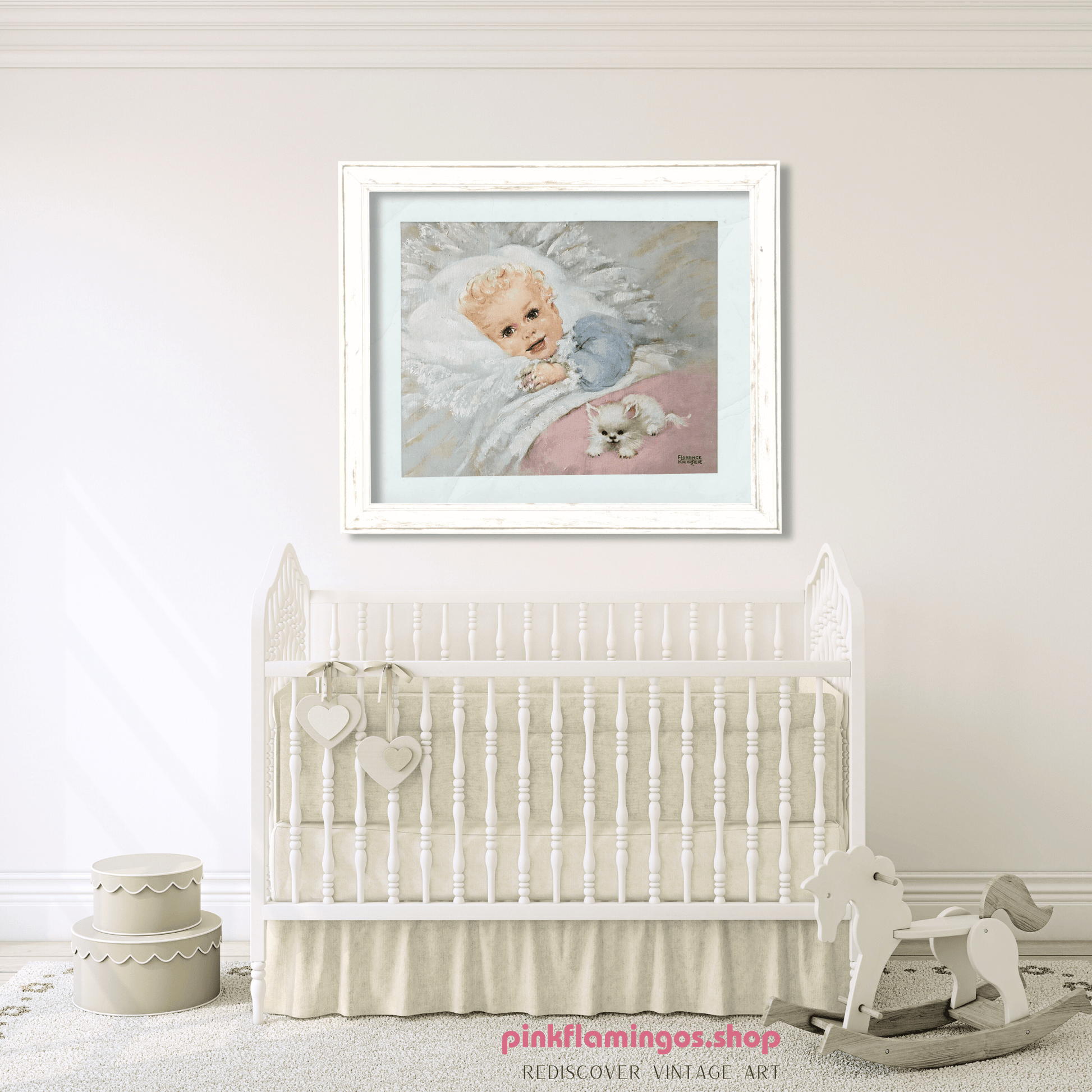 Wake - up Time by Florence Kroger | 1958 Vintage Lithograph | Kitten & Crib Nursery Art - Offset Lithograph - Pink Flamingos