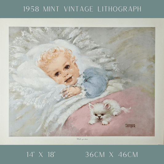 Wake - up Time by Florence Kroger | 1958 Vintage Lithograph | Kitten & Crib Nursery Art - Offset Lithograph - Pink Flamingos