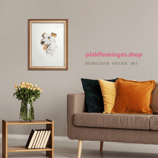 Wire Haired Terrier by Rolf Anderson, mint condition vintage hand - colored engraving from France circa 1940 - Hand Colored Engraving - Pink Flamingos