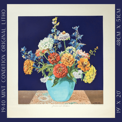 Zinnias and Larkspur by Mary and Nelson Grofe, mint condition vintage still life lithograph printed in the 1940s