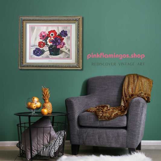 Anemones, still life by Harry Lane, mint condition vintage lithograph printed in 1945 - Pink Flamingos