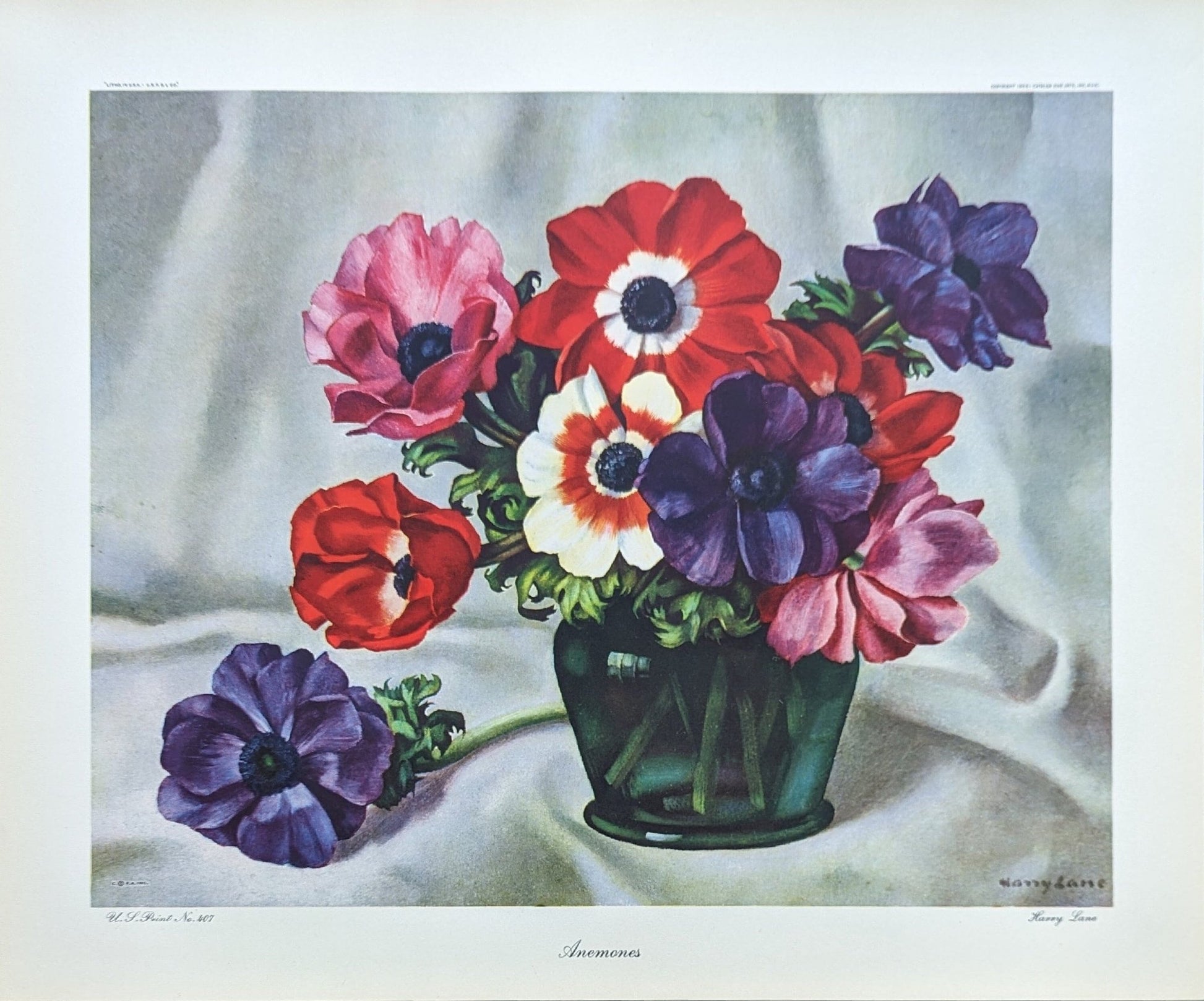 Anemones, still life by Harry Lane, mint condition vintage lithograph printed in 1945 - Pink Flamingos