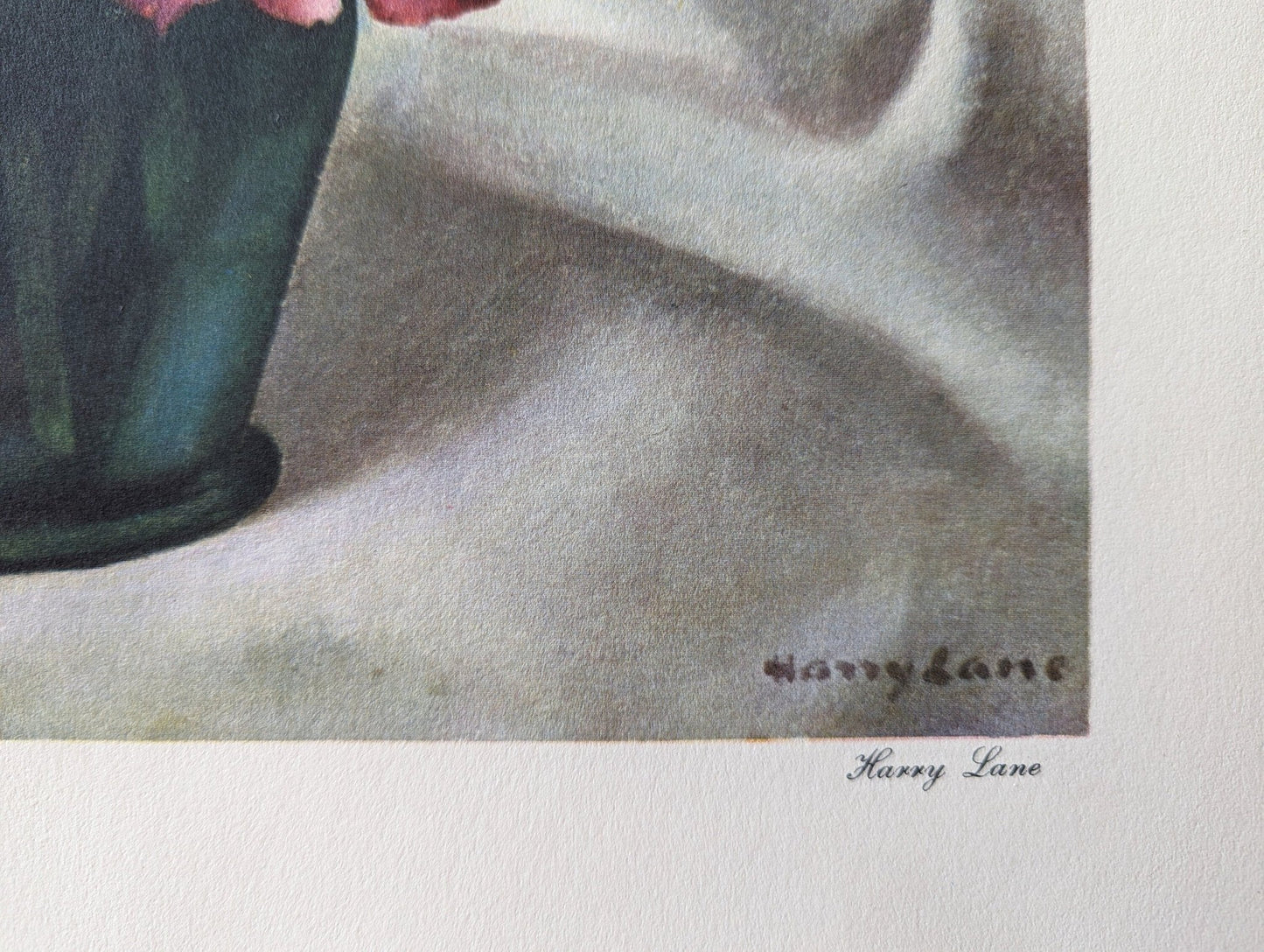 Anemones, still life by Harry Lane, mint condition vintage lithograph printed in 1945 - Pink Flamingos