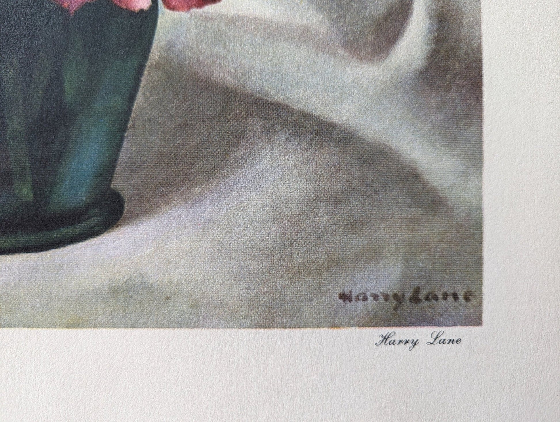 Anemones, still life by Harry Lane, mint condition vintage lithograph printed in 1945 - Pink Flamingos