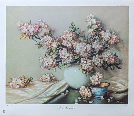 Apple Blossoms by Cãrrièr - mint condition vintage Offset Lithograph printed in 1943 - Pink Flamingos